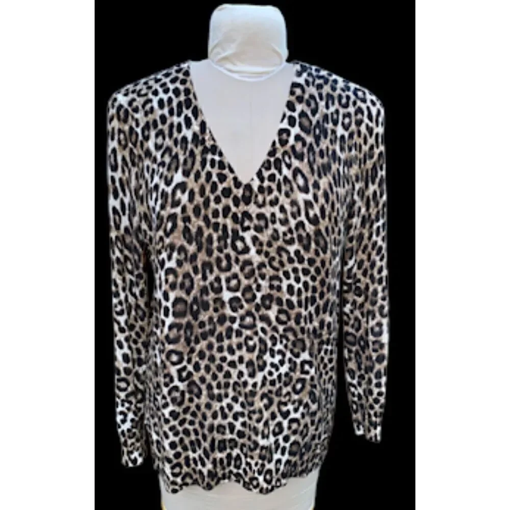 Michael Kors Leopard Print V-Neck Sweater Sz .S Cotton Blend